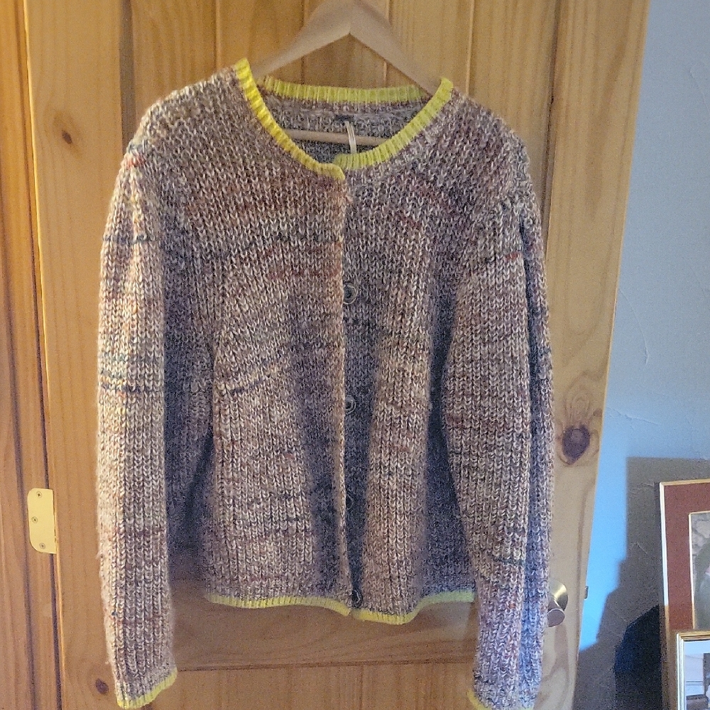 Free People "Walk On" Multicolor Knit Cardigan with Yellow Trim, Size Large
